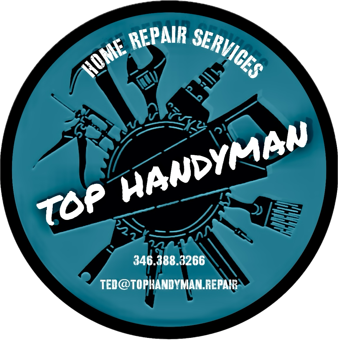 TOP Handyman Repair logo with tools in a circle and text "Home Repair Services" and contact info